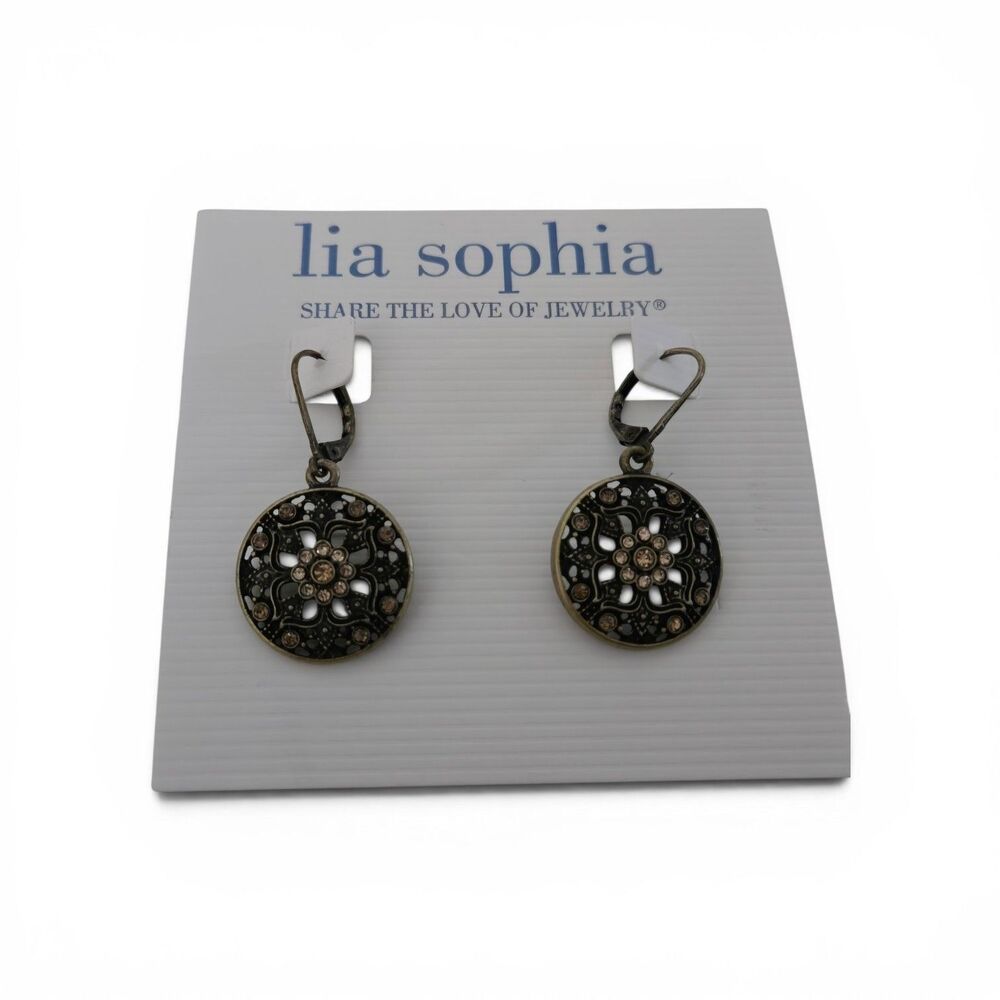 lia sophia Rosette Earrings Dangle Bronze Tone Sparkly Rhinestones Boho Glam